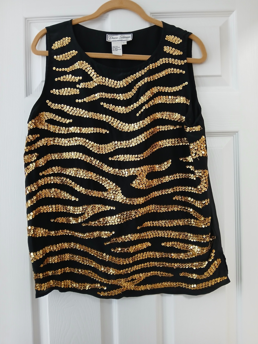 100% Silk Diane Gilman Black Silk Top with Gold Sequin Strands